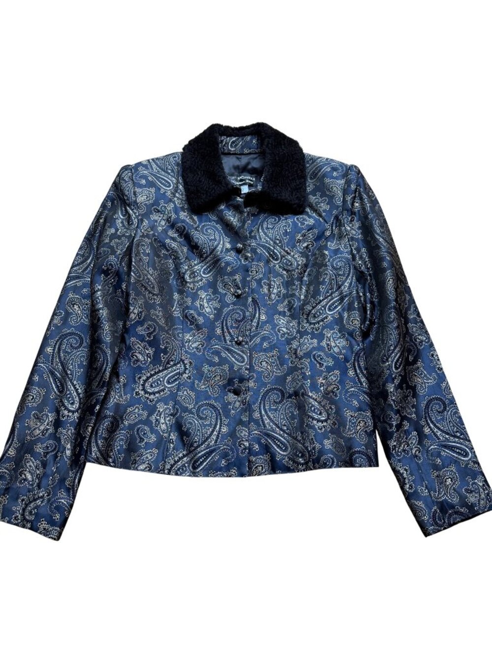 Y2K Scott McClintock Size 8 Black & Gold Paisley Faux Fur Collar Blazer Jacket